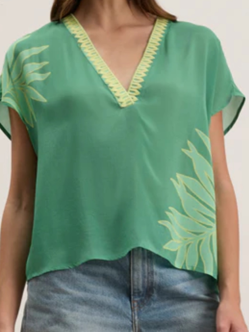 EUC Velvet brand Green and Yellow Leaf Print Top